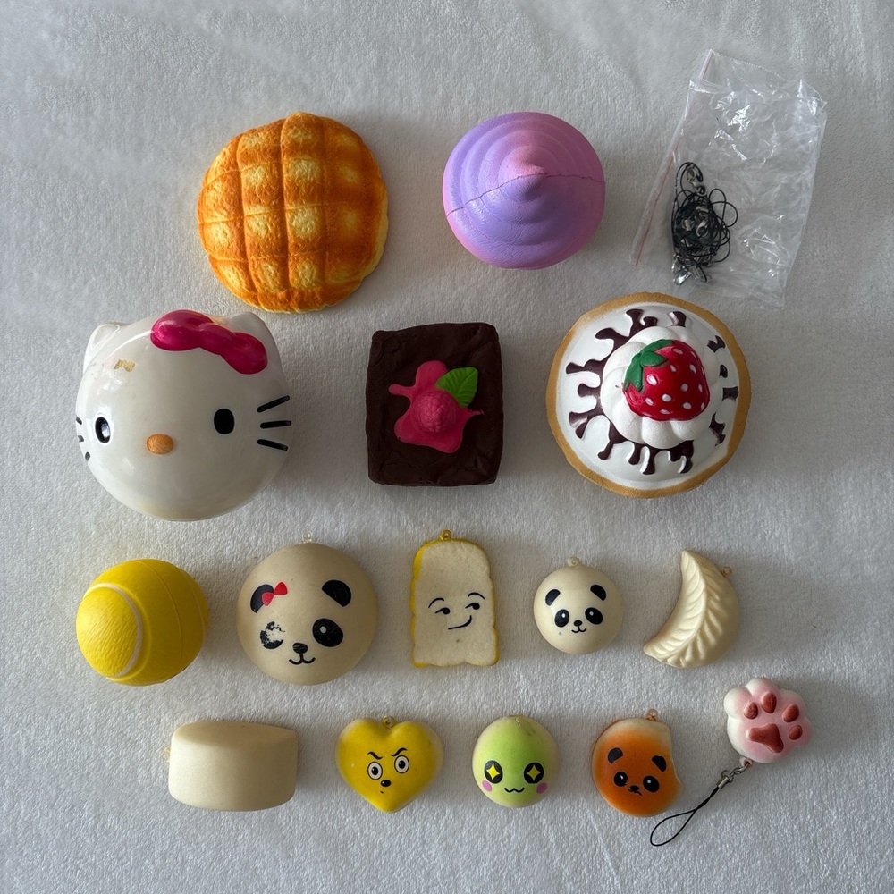 Lot of 15 Squishy Fidget Toys - Hello Kitty, Panda Bun, Tennis Ball - READ